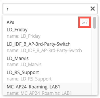 Example: matching items in drop-down list and label showing 5/7 items displayed