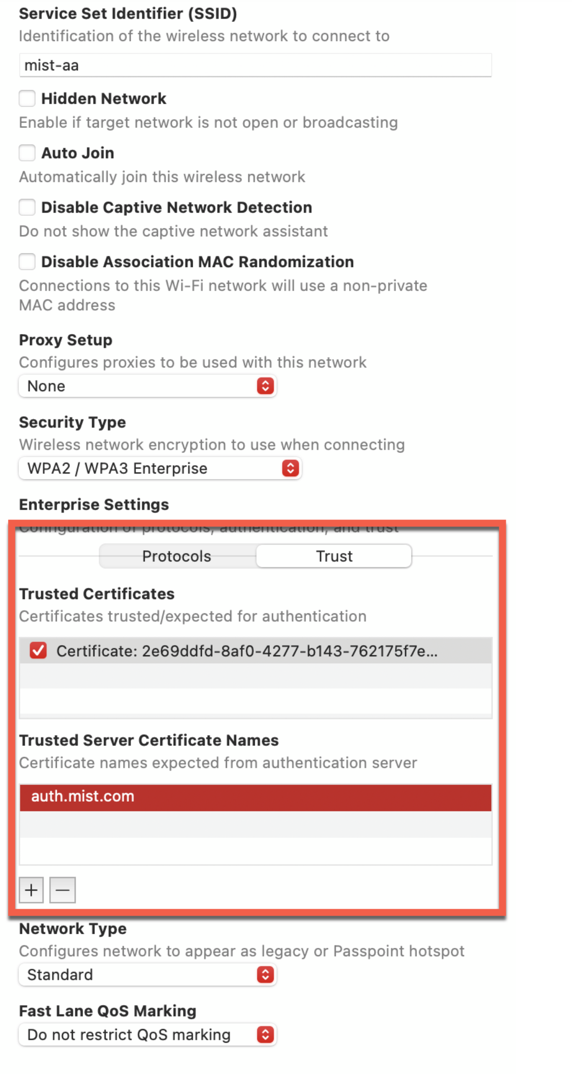 Trust Juniper Mist Server Certificate in Wi-Fi Profile Configuration for Apple Client
