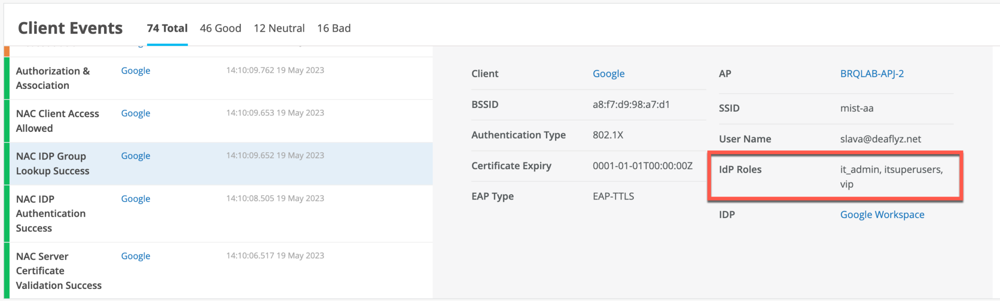 IDP Group Lookup Success Authentication Event