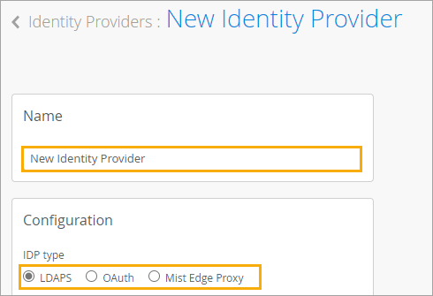 New Identity Provider Page - Name and IDP Type