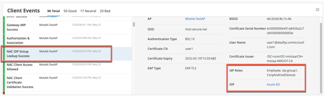 View IDP Authentication Success for EAP-TLS Authentication