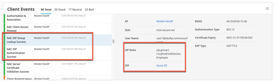 View IDP Authentication Success for EAP-TTLS Authentication