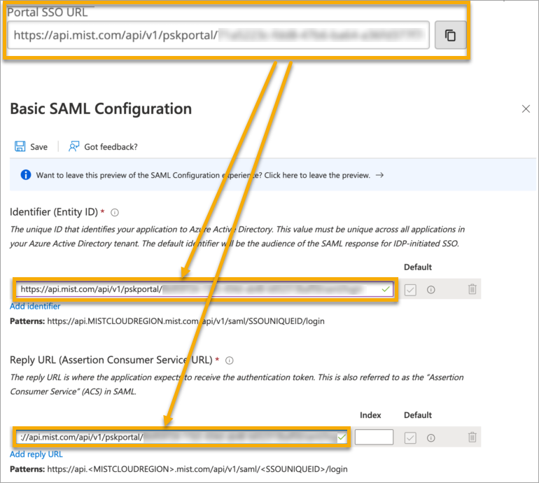 Azure Example: Entering the Portal SSO URL into the SAML Configuration