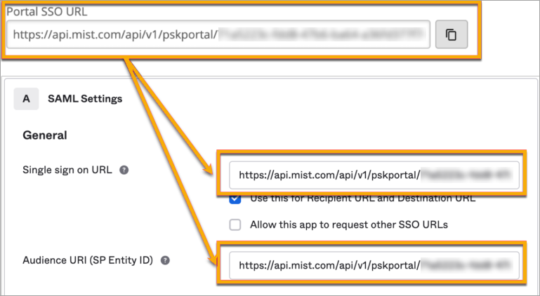Example: Portal SSO URL and Corresponding Fields in Okta Admin Console