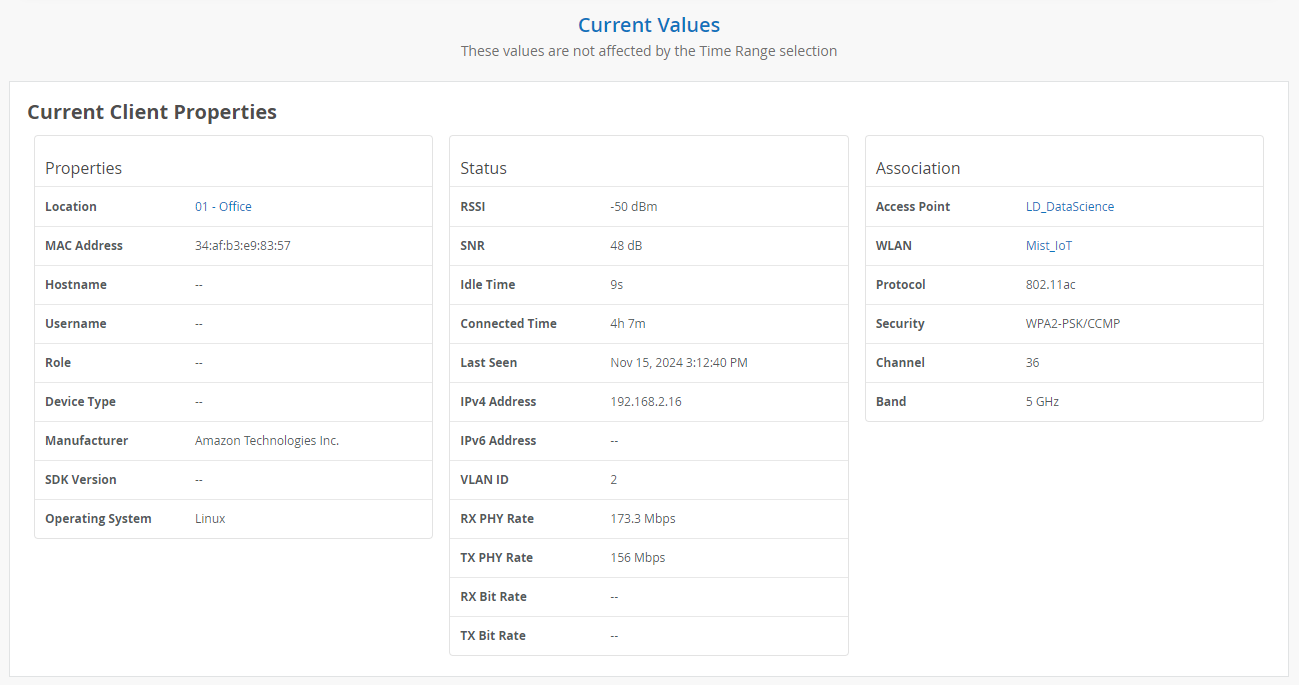 Current Values for Wireless Clients