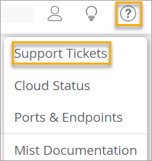 Question Icon and Menu with Support Tickets Option