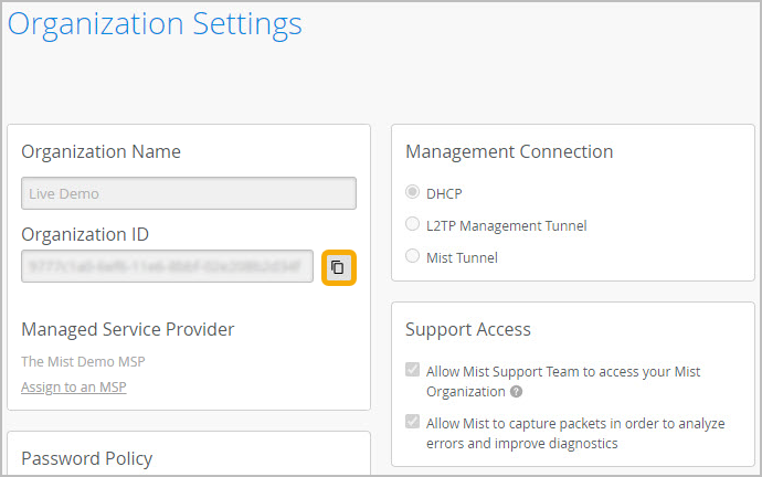 location of the Organization ID on the Organization Settings page