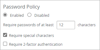Example - Password Policy options with selections for Enabled, Require passwords of at least 12 characters, and Require special characters