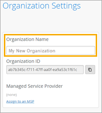 location of the Organization Name field on the Organization Settings page