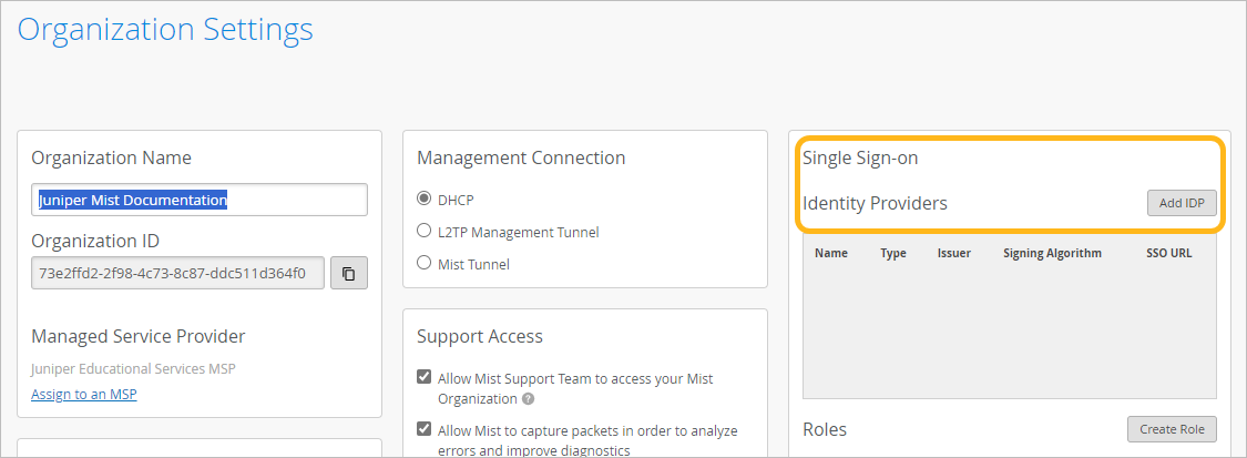 Identity Providers Section of the Organization Settings Page