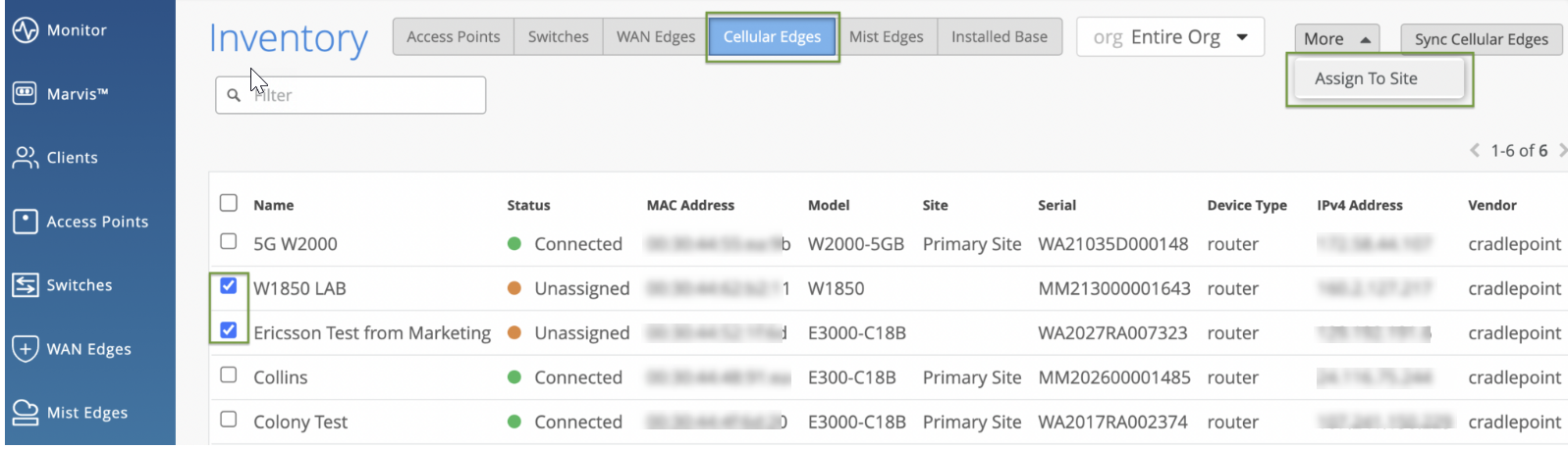 Assign Cradlepoint Devices to a Site