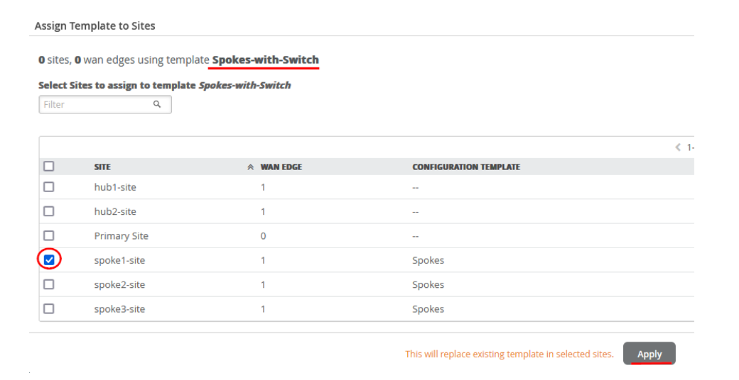Select Sites to Assign Spoke Templates