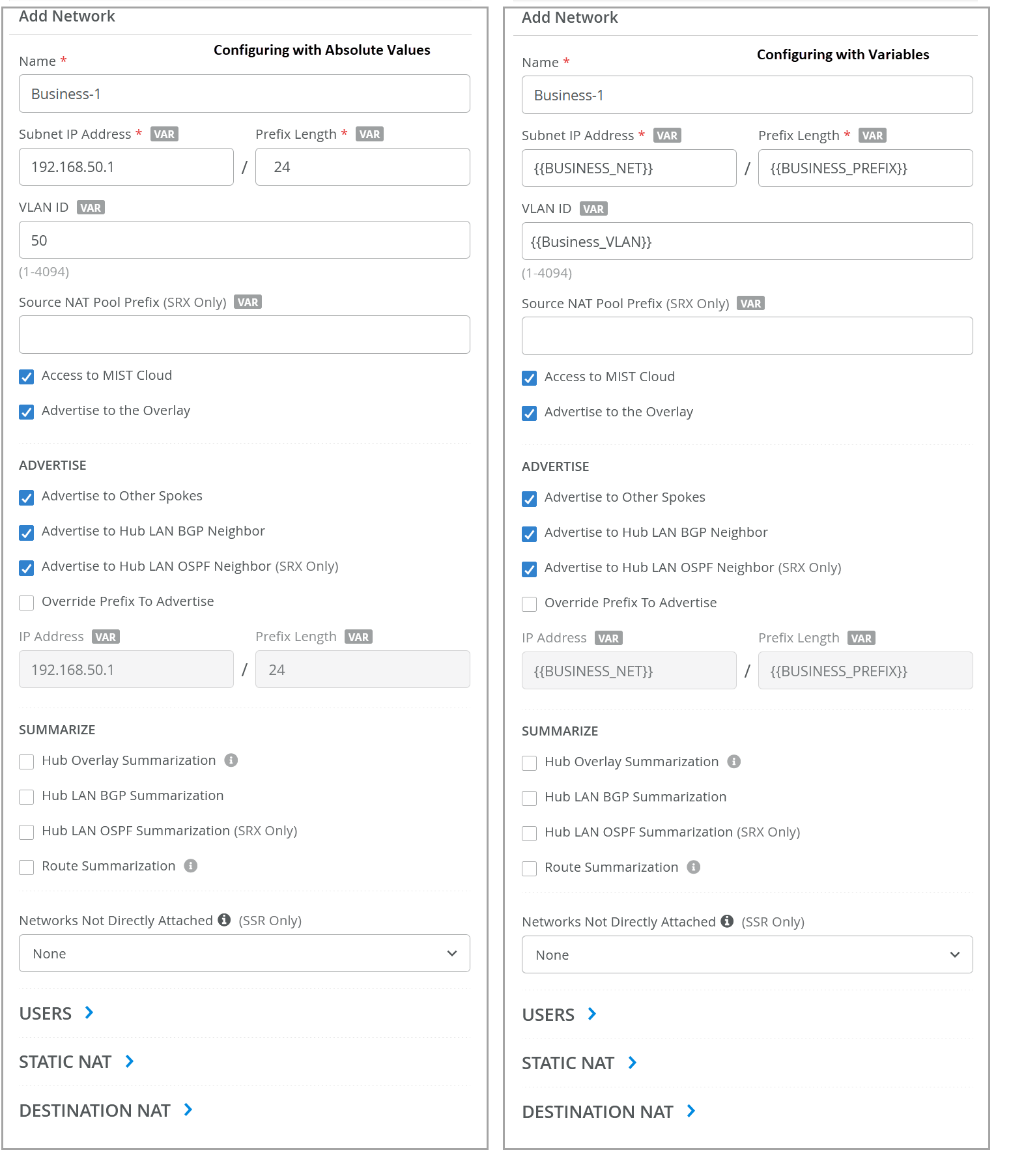 Configuring Networks with Absolute Values and Variables