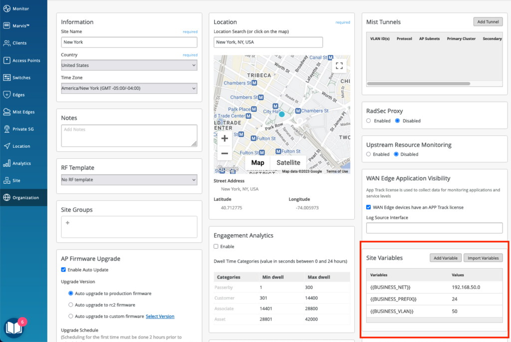 Site Variables Displayed on the Site Configuration Page