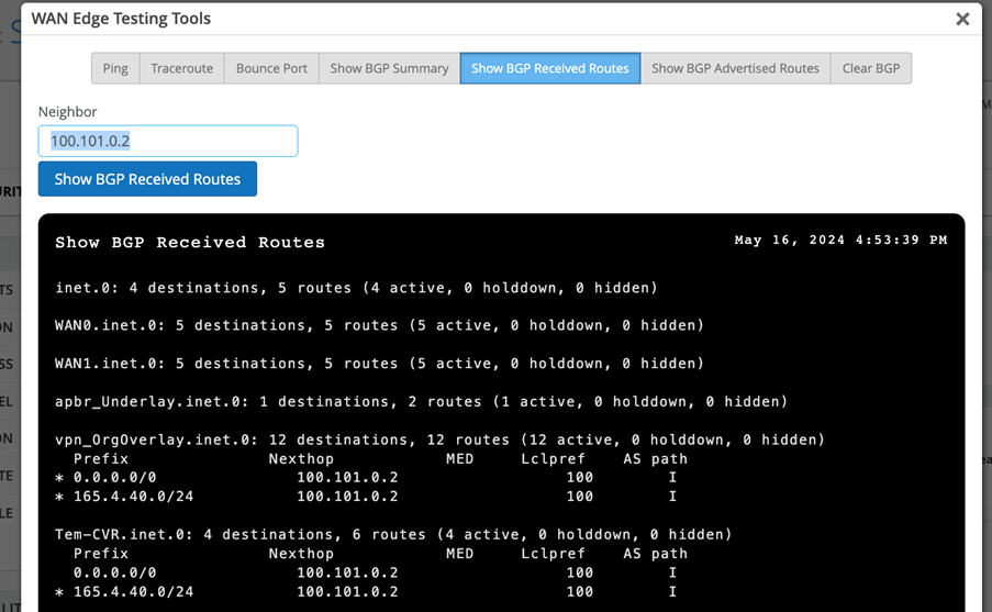 BGP Received Routes (SRX Series Firewalls)