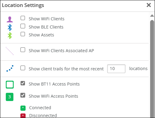 Location Settings pop-up window showing check marks for Show BT11 and Show Wi-Fi APs