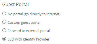 WLAN Settings Window Showing the Guest Portal Options with SSO with Identity Provider Selected
