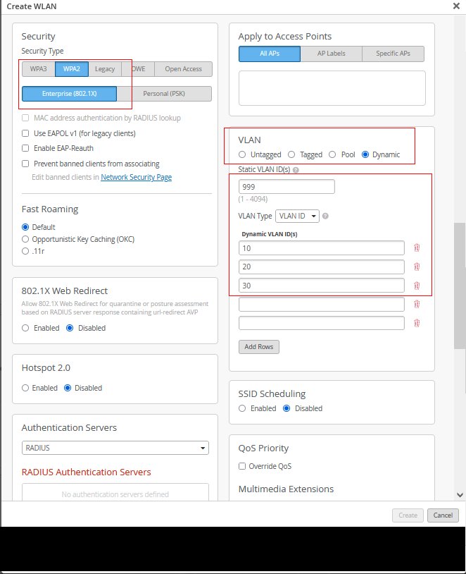 Dynamic VLAN is available with WPA3 and WPA2 Security Types