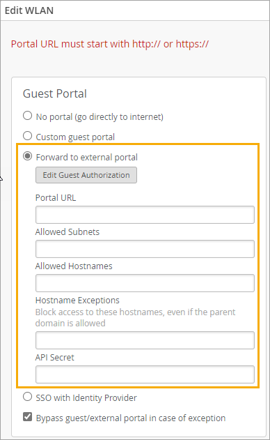 Forward to External Portal Option in the Edit WLAN Window