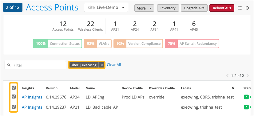 Filtering the Access Points Page and Selecting APs