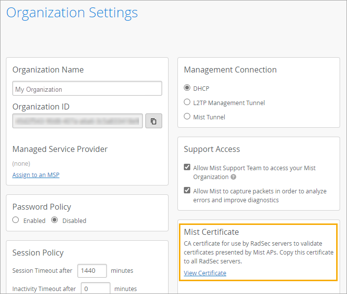 Mist Certificate Link on the Organization Settings Page