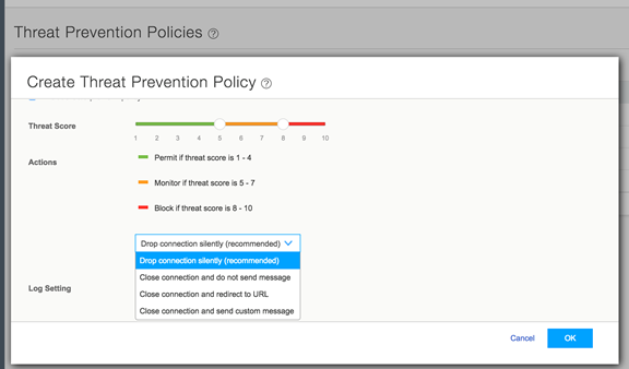 Policy Enforcer: Create Threat Prevention Policy, Select Threat Score and Logging