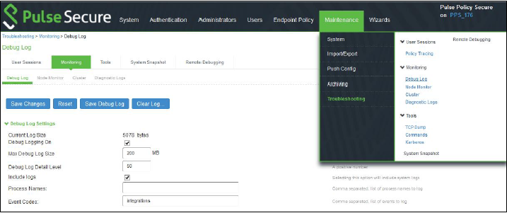 Debug Log Monitoring Page