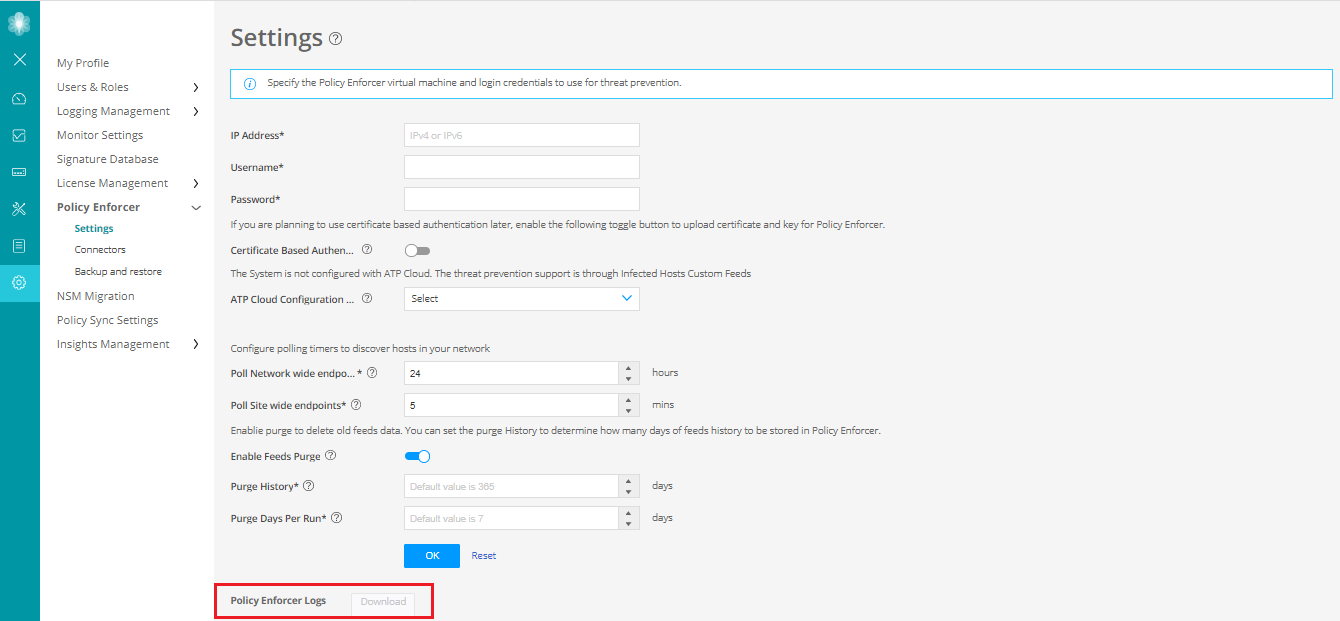 Policy Enforcer Settings Page