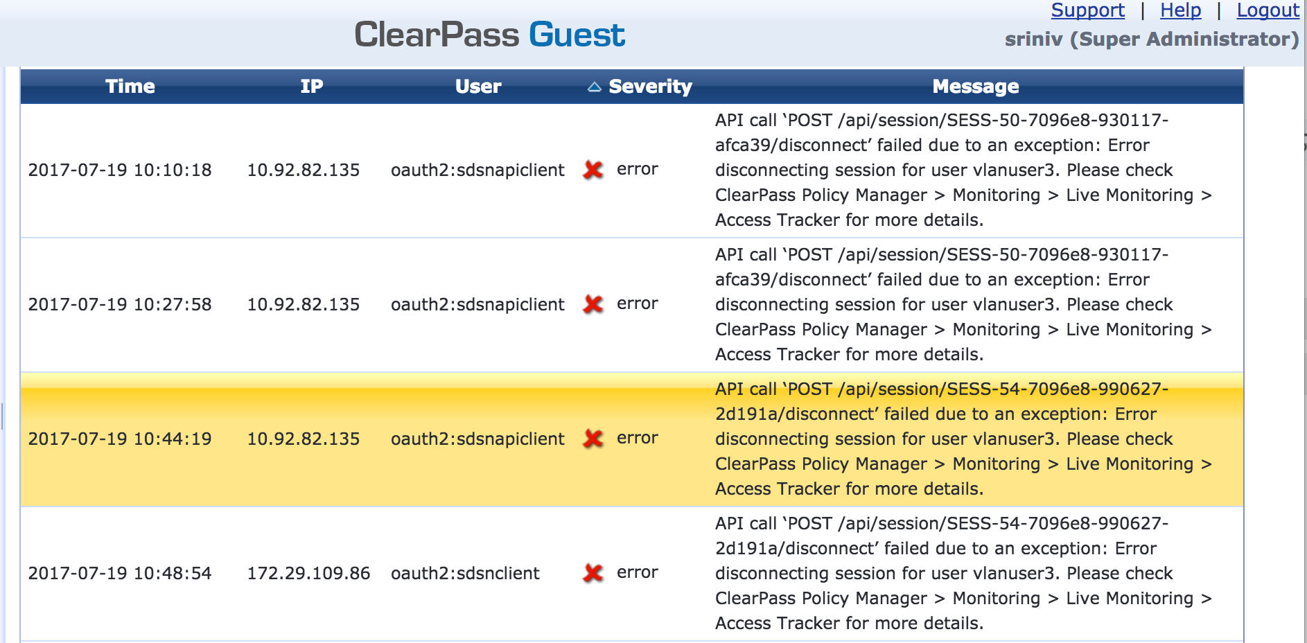 Viewing ClearPass Errors