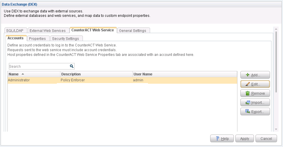 Data Exchange configuration interface showing CounterACT Web Service tab with account details: Administrator, Policy Enforcer, admin.