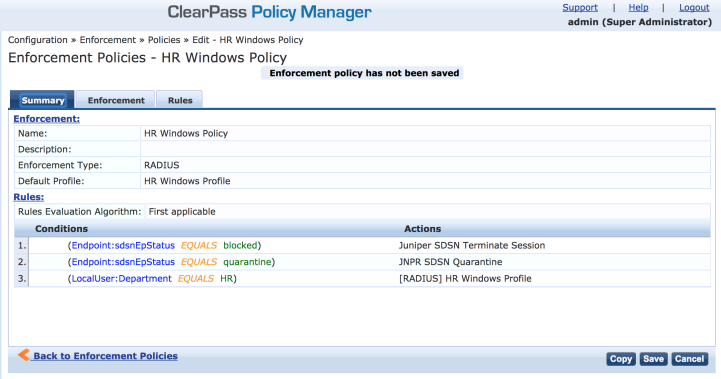 ClearPass Enforcement Policy