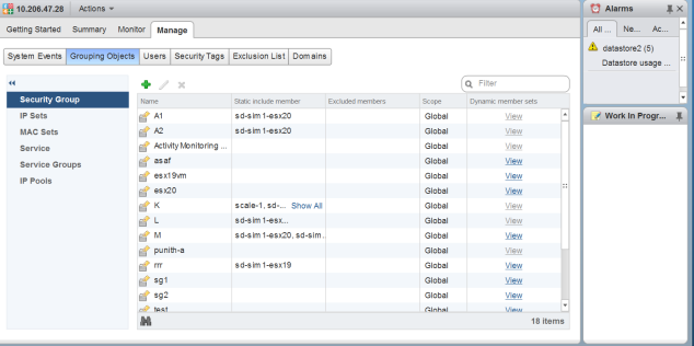 NSX Security Groups Page