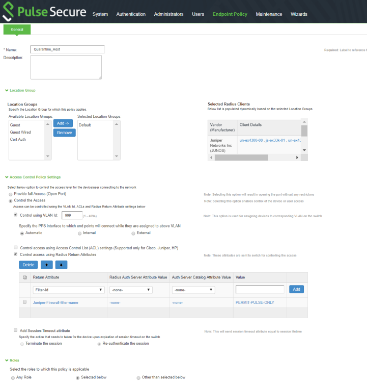 RADIUS Return Attributes for Quarantine-Host