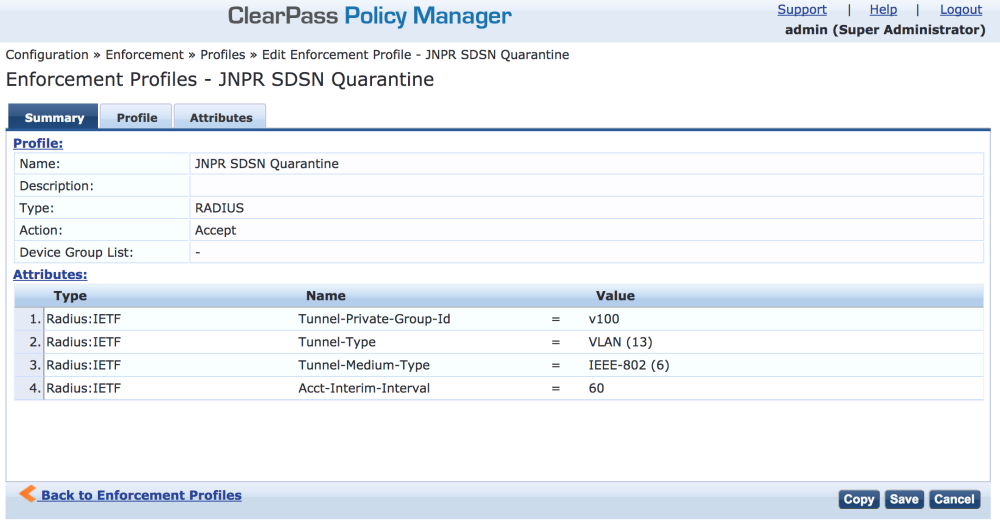 ClearPass Enforcement Profile: Quarantine