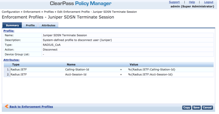 ClearPass Enforcement Profile: Terminate