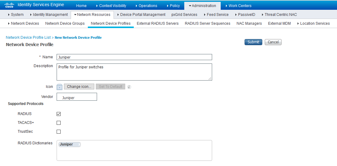 Cisco ISE: Network Device Profile, Enable RADIUS