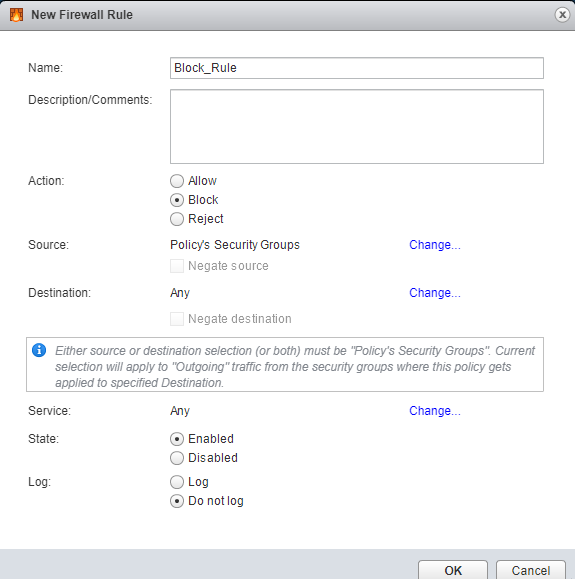 Configuration window for a new firewall rule: Block_Rule. Action set to Block. Source is Policy's Security Groups. Destination is Any. Rule is Enabled.