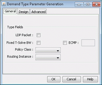 Dialog box titled Demand Type Parameter Generation with General tab showing fields: two checkboxes LDP Packet and Fixed T-Solve BW, a text field ECMP, two dropdowns for Policy Class and Routing Instance, buttons OK, Cancel, and Help.
