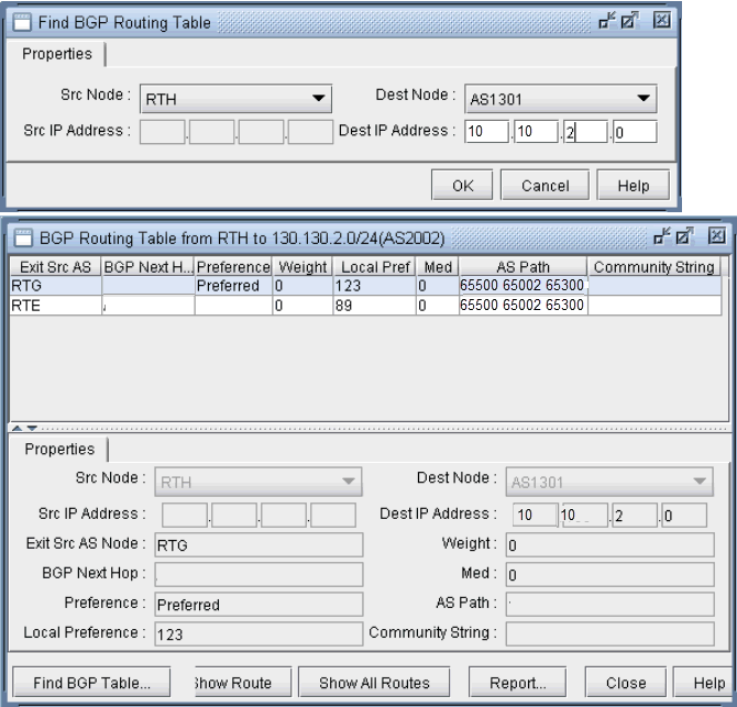 BGP Routing table from RTH to AS1301 subnet 10.10.2.0/24