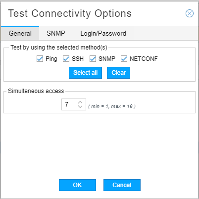 Test Connectivity Options Window