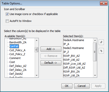 Table Options Window