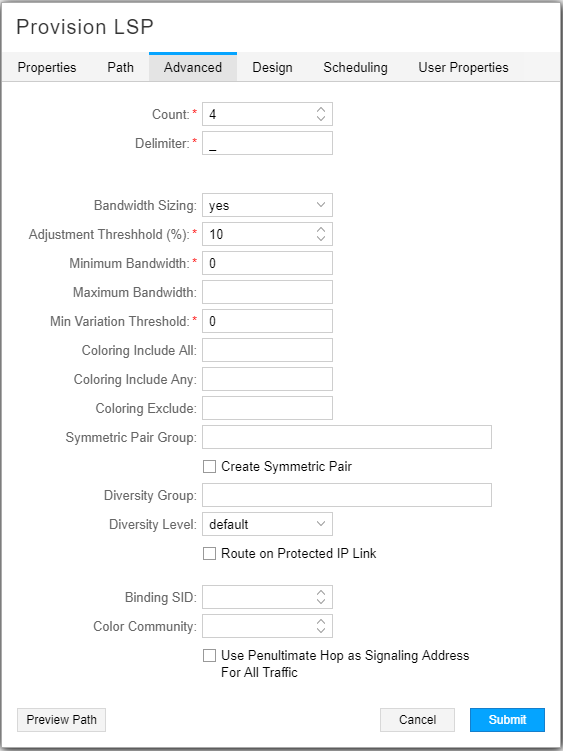 Provision LSP Window, Advanced Tab