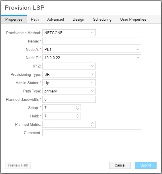 Properties Tab, Provision LSP Window