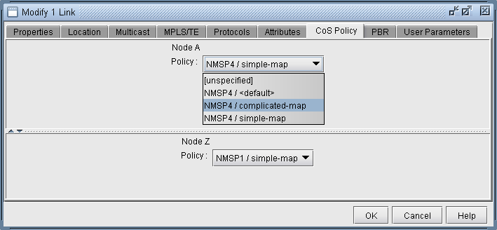Modify 1 Link dialog box for configuring policies between Node A and Node Z with options for QoS and network attributes.