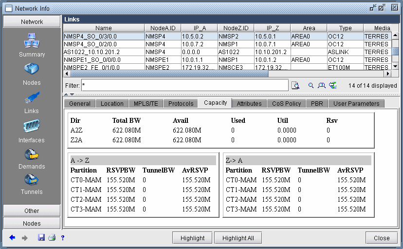 Network management software interface with sidebar for navigation options and a links table showing link details like name, NodeA.ID, NodeZ.ID, IP_A, IP_Z, area, type, and media. Detailed metrics for a selected link include bandwidth and RSVP data. Tabs for configuring link aspects and buttons for highlighting links are present.