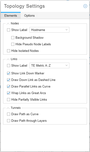 Topology Settings Window, Elements Tab