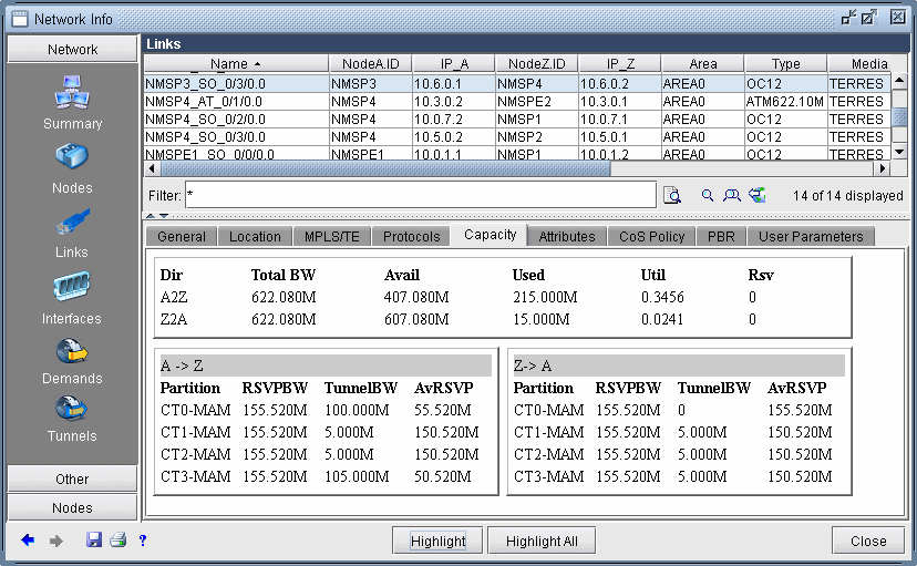 Network management software interface showing detailed link attributes, including bandwidth and partition metrics, for monitoring and optimizing network performance.