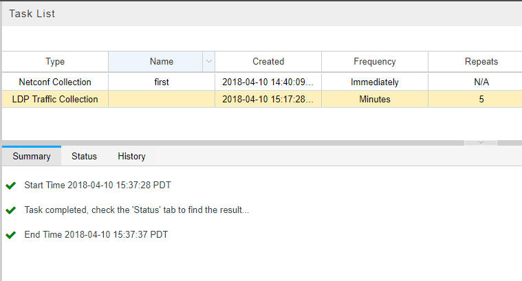 Example Collection Results for LDP Traffic Collection Task, Summary Tab