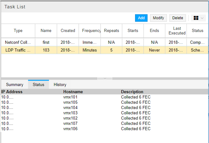 Example Collection Results for LDP Traffic Collection Task, Status Tab