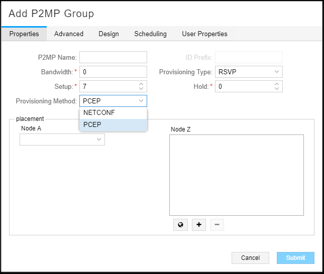 Add P2MP Group Window, Properties Tab